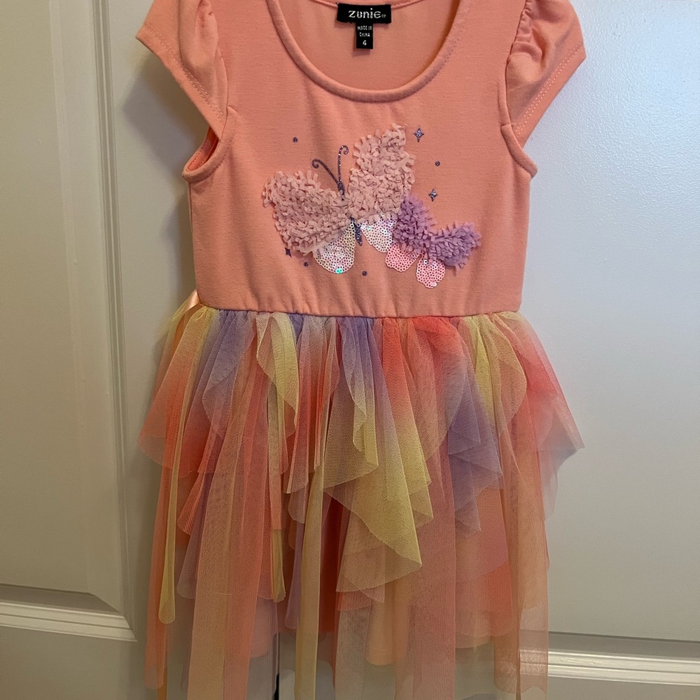 Zunie Peach Dress with Butterfly and Multicolor Tulle